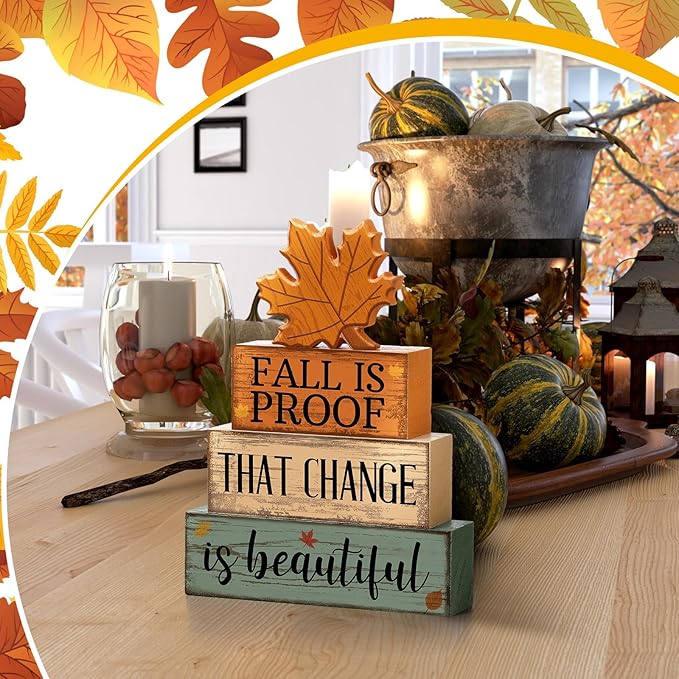4 Pcs Thanksgiving Decoration for Home Wooden Maple Leaf Thanksgiving Table Centerpiece Fall Tiered Tray Decor Rustic Decorative Maple Leaf Block Signs Farmhouse Fall Decoration for Home