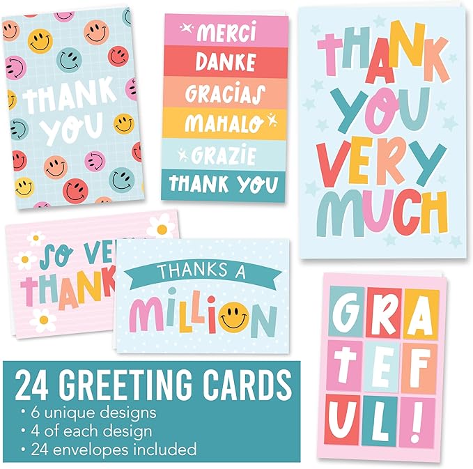 Hadley Designs Bulk Thank You Cards with Envelopes - 24 Kids Thank You Cards For Teachers, Cute Thanks Blank Cards and Envelopes, Fun Appreciation Note Card for Birthday, Baby Shower & Small Business