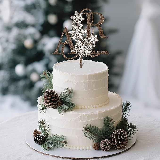 Customized Winter Wedding Cake Topper Personalized Bride & Groom's Initials and Wedding Date Cake Decoration with Snowflake