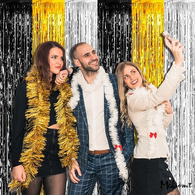 4 Pack 3.2Ft x 9.8Ft Black Gold Silver Fringe Curtain Backdrop, Metallic Tinsel Foil Fringe Streamers Curtains Background for Wedding Notorious One Birthday Roaring 20s Graduation Party Decoration