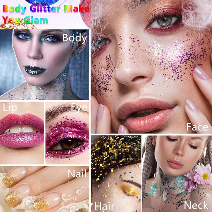Temporary Glitter Tattoos Kit Kids, 48 Colors Powder with 209 Temporary Tattoo Stencils and 5 Luminous Tattoo Stickers, Body Nail Arts and Craft Glitter Make Up Kit, Gifts for Girl Boy Party