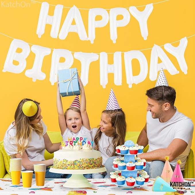 KatchOn, White Happy Birthday Balloons Banner - 16 Inch | Foil Balloon Banner for Happy Birthday Decorations | Balloon Letters Sign For White Birthday Party decor