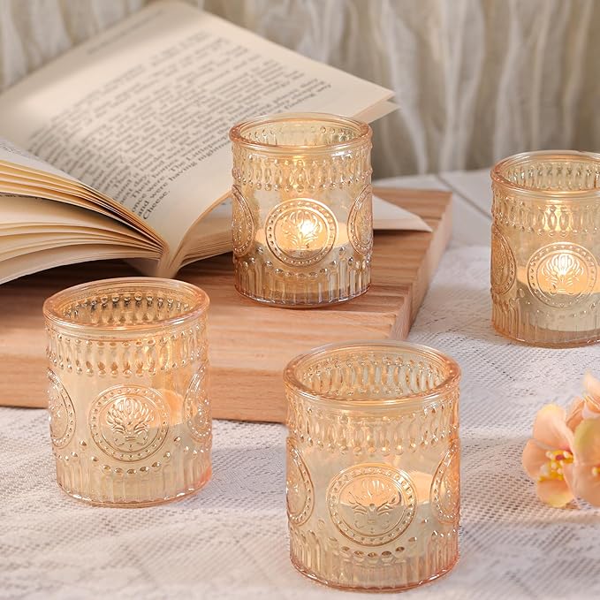 12 Pcs Gold Votive Candle Holders, Glass Candle Holders Embossed Tea Light Candle Holder for Wedding Table Centerpiece, Home Decor, Birdal Shower, Party