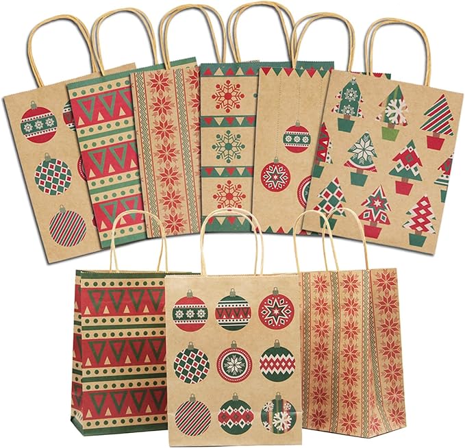Lulu Home Christmas Gift Bags, 24 Pieces Medium Christmas Kraft Paper Bags with Handle