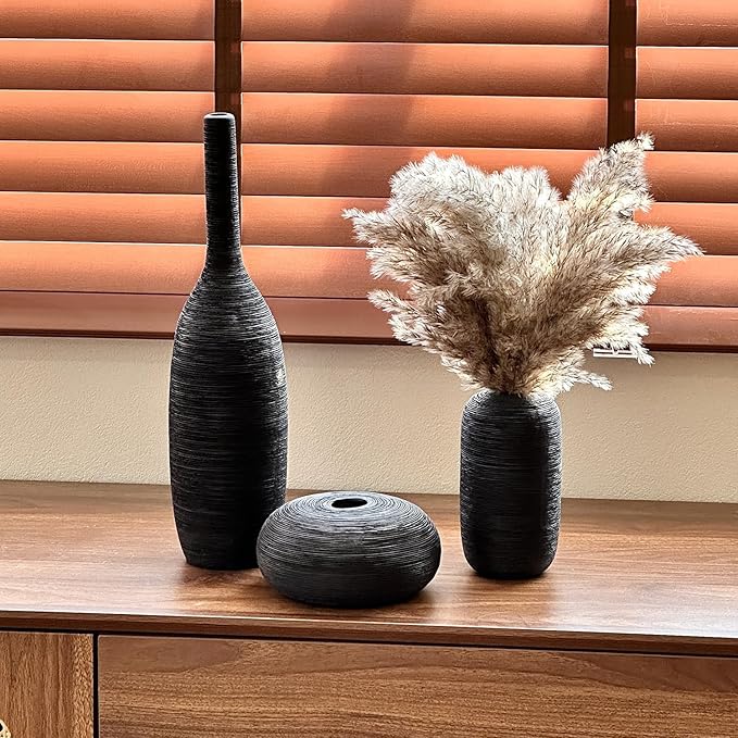 Ceramic Vase Set of 3 Flower Vases Home Decor Modern Boho Rustic Farmhouse Large Decorative Aesthetic Minimalist Matte Vases for Centerpieces Living Room Table Shelf (Black)