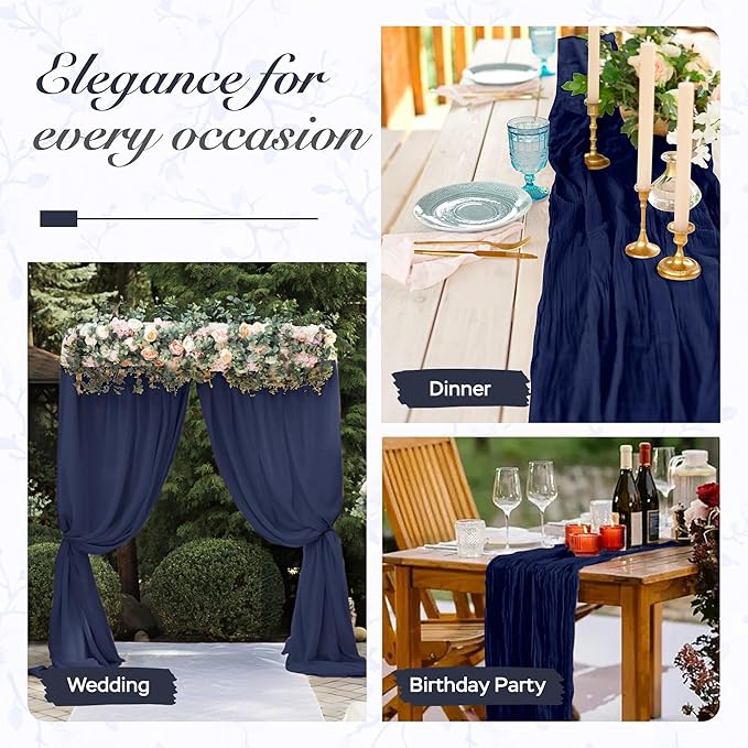 Cheesecloth Table Runner 6 Pack – 35x120 Inch (10ft) Boho Rustic Gauze Cloth Runners – Crinkle Polyester Table Decor for Wedding, Baby Shower, Bridal Shower, Birthday Party and More (Navy Blue)