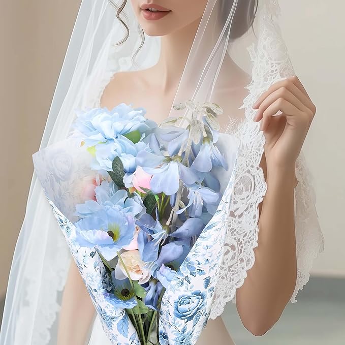 BIOBROWN Floral Wrapping Paper Roll - 17 Inches X 33 Feet (47 sq. ft. ttl.) Blue White Peony Design Chinoiserie Flower Gift Wrap Stone Paper for Wedding, Bridal Shower Favors, Mother's Day