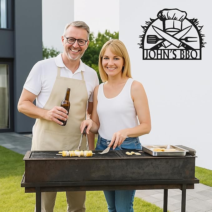 Custom BBQ Grill Metal Sign Personalized Name Wall Art for Outdoor Barbecue Patio Kitchen Backyard Decor Gift for Dad Husband Men Papa Grandpa Father Grilling Enthusiasts Family Lover Funny Gifts 21