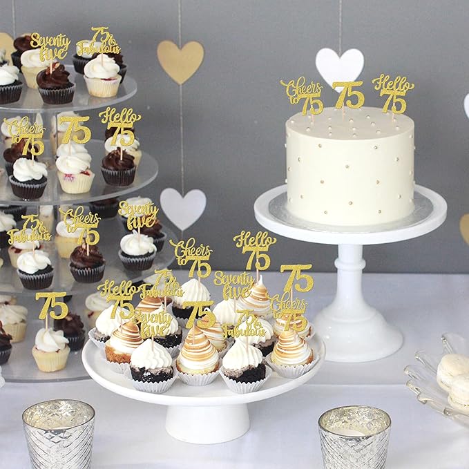 30PCS Happy 75th Birthday Cupcake Toppers Glitter Hello 75 Fabulous Seventy Five Cheers to 75 Years Old Birthday Cupcake Picks for Happy 75th Birthday Anniversary Party Cake Decor Supplies Gold