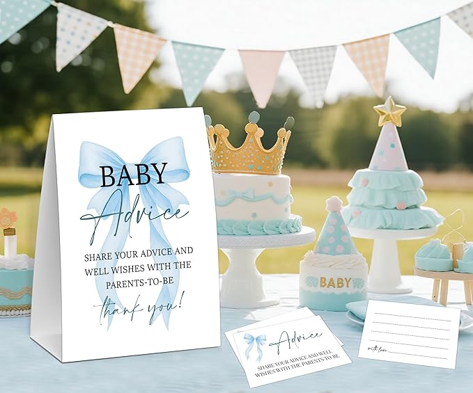 Blue Bow Baby Shower Advice for Parents To Be, Baby Shower Game, Include One 5×7 Sign and 50 Advice Cards, Blue Coquette Bow Gender Reveal Party Decoration Supplies - FH02