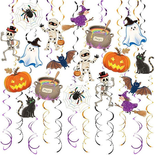 Halloween Hanging Party Decorations, 48 Pcs,Ceiling Decor Indoor Swirl Witches Cauldron Ghost Pumpkin Skull Cat Witch Party Supplies Sign,Black Purple Orange