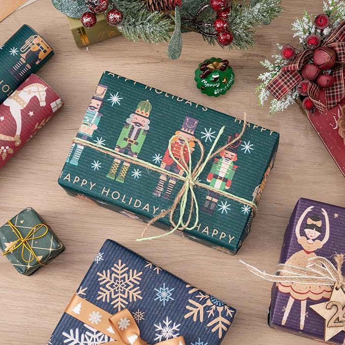 RUSPEPA Christmas Kraft Wrapping Paper Roll - Nussknacker Solider, Trojan Horse, Ballet Girl and Snowflake Design - 17 inches x 10 feet per Roll, Total of 4 Rolls