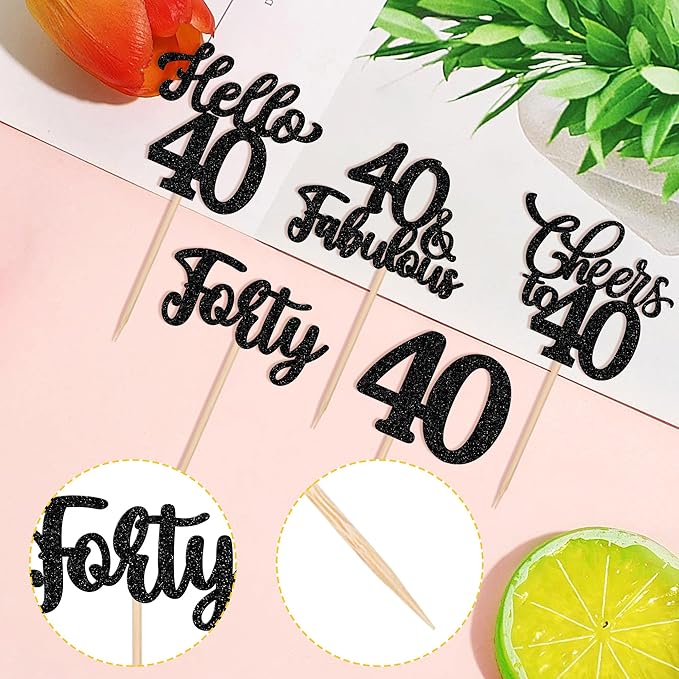30PCS Happy 40th Birthday Cupcake Toppers Glitter Hello 40 Fabulous Forty Cheers to 40 Years Old Birthday Cupcake Picks for Happy 40th Birthday Anniversary Party Cake Decorations Supplies Black