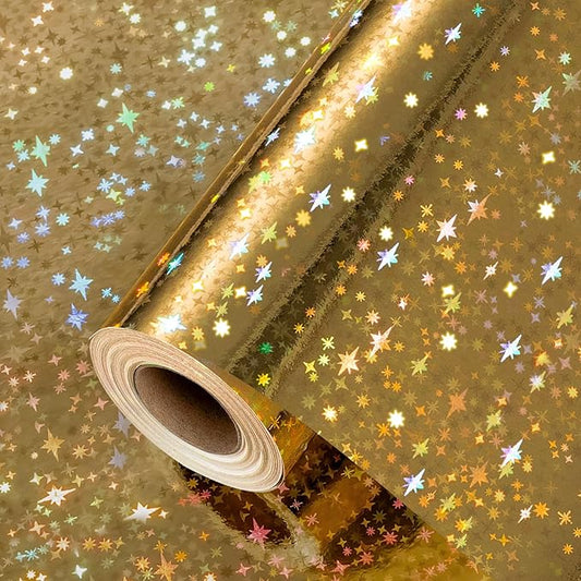 Yarcony Gold Wrapping Paper Roll, Holographic Space Wrapping Paper - 17 Inch x 33 Feet - Shiny Iridescent Galaxy Design Thick Gold Gift Wrap Paper for Birthday, Wedding, Christmas,Baby Shower