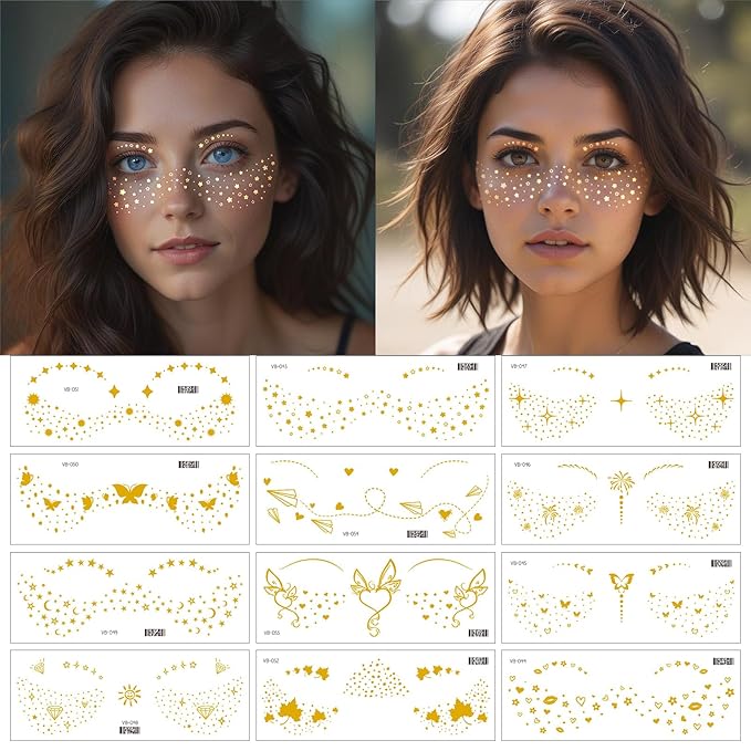 12 Pcs Gold Face Temporary Tattoo Sticker, Glitter Metallic Freckle Face Tattoo Stickers, Glitter Freckles, Sparkle Makeup Patches Face Tattoo for Women Girls Party Decor 655