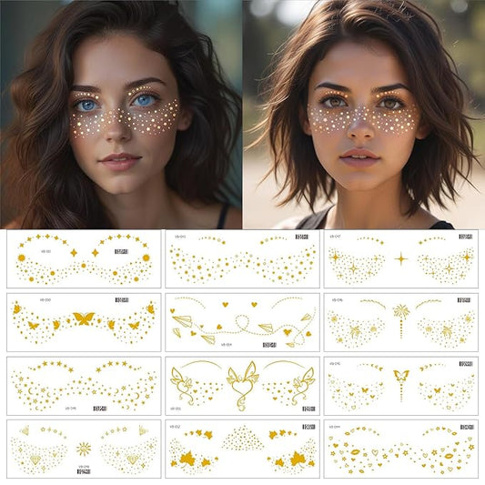 12 Pcs Gold Face Temporary Tattoo Sticker, Glitter Metallic Freckle Face Tattoo Stickers, Glitter Freckles, Sparkle Makeup Patches Face Tattoo for Women Girls Party Decor 655