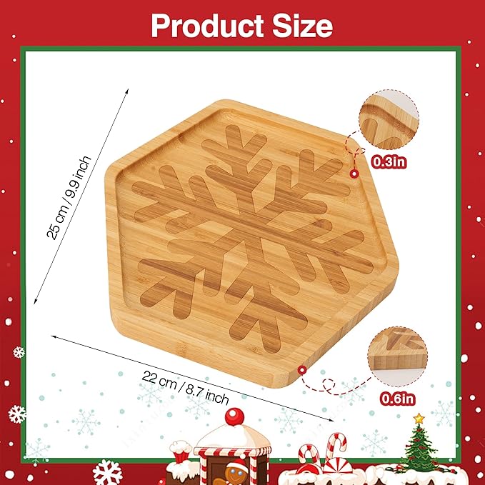 Christmas Serving Tray, Snowflake Shape Charcuterie Board, Bamboo Serving Platter Dish for Holiday Party Food Tray for Cheese Snack Fruit 10 x 8.7 x 0.6 Inches