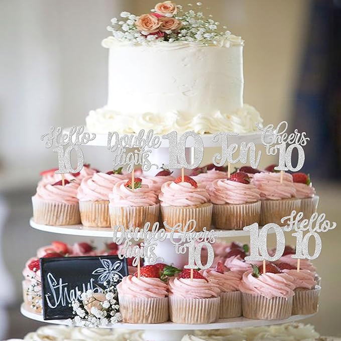 30PCS Happy 10th Birthday Cupcake Toppers Glitter Ten Double Digits Hello 10 Cupcake Picks Cheers to 10 Birthday Decorations for 10th Birthday Anniversary Party Cake Decorations Supplier Silver