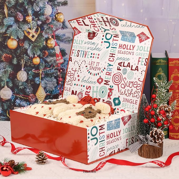 BLK&WH 6 Christmas Gift Boxes 13.5x9x4.1 Inches, Red Large Collapsible Gift Boxes with Magnetic Lids (Red)