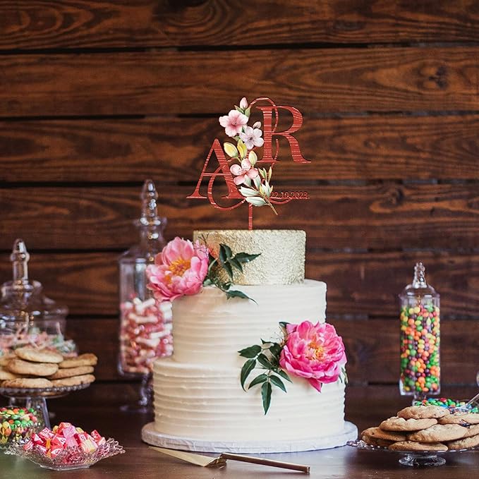 Customized Spring Wedding Cake Topper in Wood Personalized Bride & Groom's Initials and Wedding Date Cake Decoration with Spring Flowers