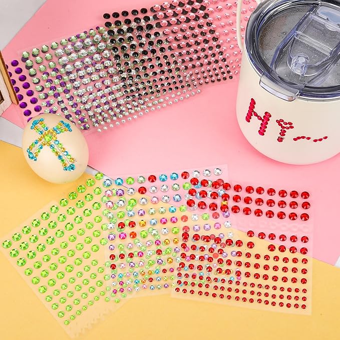3300 Pcs 4 Sizes Self Adhesive Face Rhinestones Gems Stickers Bling Stick on Jewels for Hair Face Body Makeup DIY Craft, Card Decorations