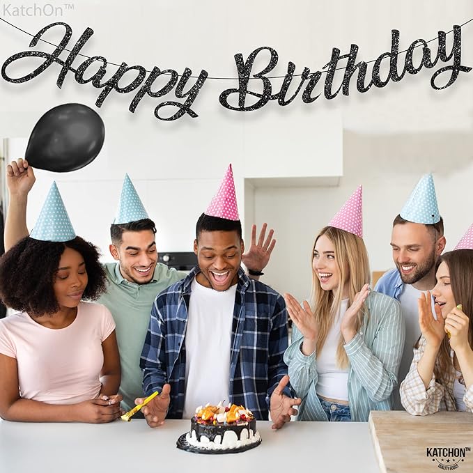 KatchOn, Glitter Black Happy Birthday Banner - Pre-Strung No DIY,10 Feet | Birthday Decorations for men, Women | Hbd Banner Backdrop For Black Party Decorations, Halloween Decorations