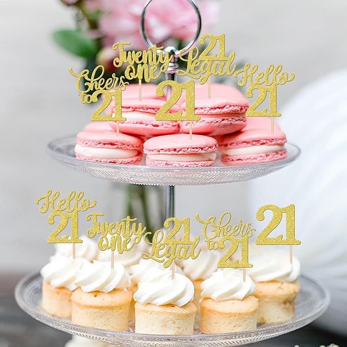 30PCS Happy 21st Birthday Cupcake Toppers Glitter Twenty One Legal 21 Hello 21 Cupcake Picks Cheers to 21 Birthday Decorations for 21st Birthday Anniversary Party Cake Decoration Supplies Gold