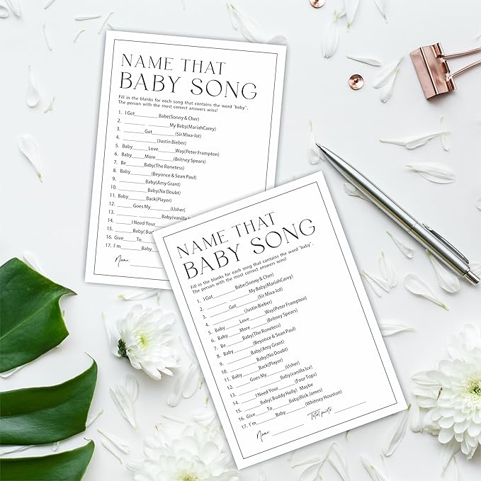 Minimalism Name That Baby Song Game for Guests - 30 Game Cards, 1 Answer Card, Wishes For Baby & Gender Reveal Card