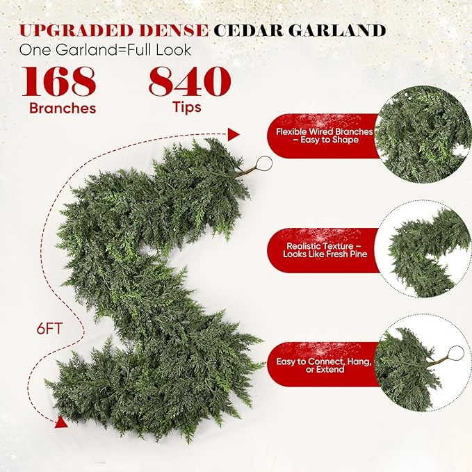 6FT Thick Christmas Garlands with 168 Cedar Branches, Real Touch Green Cedar Garland for Christmas Decorations, Artificial Greenery Garland for Table, Mantle, Wall, Indoor, Outdoor Holiday Decor