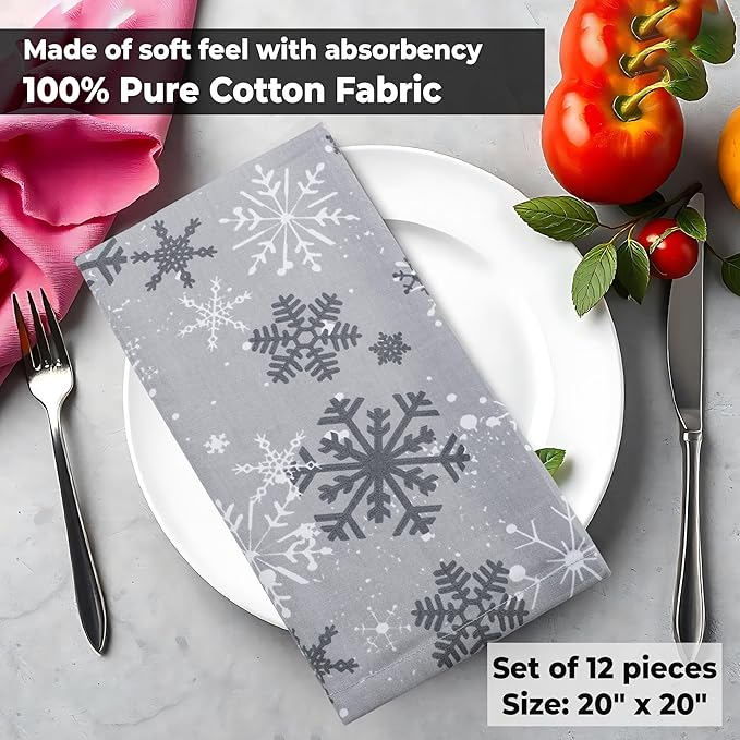 Urban Villa Christmas Dinner Napkins Grey Snowflake Print Cloth Napkins Set of 12 Size 20x20 Inches 100% Cotton Dinner Napkins for Christmas Celebrations Wedding Parties Everyday use Soft Quality