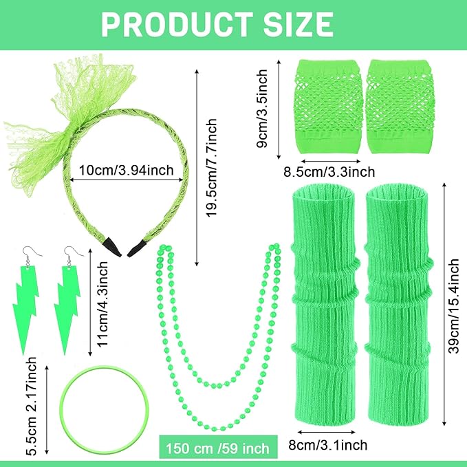 Handepo 19 Pcs 80s Costume Accessories Holographic Fanny Pack Leg Warmers Lace Headband Earrings Gloves Necklace Bracelet