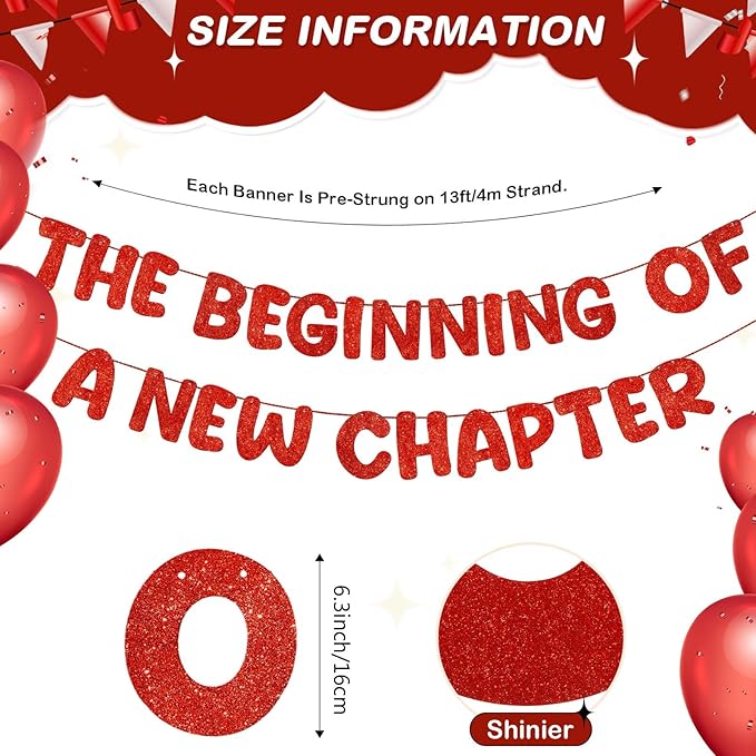 Fulmoon Pre Strung the Beginning of a New Chapter Banner, Glitter Graduation Party Decorations, Happy Retirement Supplies, Going Away Farewell New Home Job Change Party Sign Garland(Red)