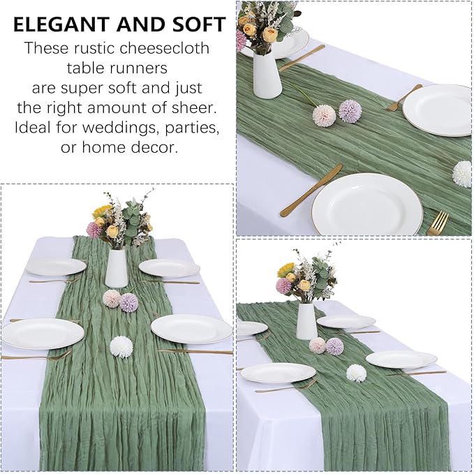 6 Pack Sage Green Cheesecloth Table Runner 10FT Boho Gauze Fabric Table Runner 35 x 120 Inch Rustic Sheer Runner for Centerpiece Wedding Decor Baby Shower Party Boho Table Decoration