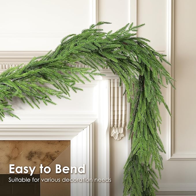 WBHome 2 PCS Real Touch Norfolk Pine Christmas Garland, Winter Greenery Garland for Christmas, Holiday Seasonal Outdoor/Indoor Home Decor, 9FT Long