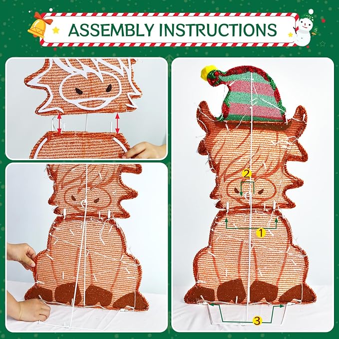 DomKom 28" 2D Flat Lighted Highland Cow Christmas Decor, 2-Piece Pre-Lit LED Scottish Cow with Scarf and Hat Indoor/Outdoor Plug-in Holiday Yard Display