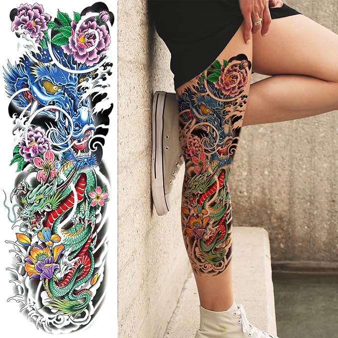 Realistic Dragon Temporary Tattoo Sleeve, 4-Sheet Full Arm Color Dragon Floral Fake Tattoo Sleeve Women Men Adult and 4-Sheet Large Flower Tiger Half Temp Tatoo Sticker Thigh Leg Makeup Body Art