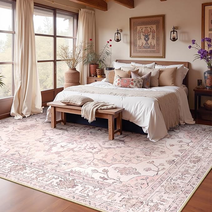 Area Rugs Square 8ft Washable Non-Slip, Floral Vintage Distress Print Pattern Medallion Carpet for Living Room Bedroom Dining Room, Pink Greypink Cute