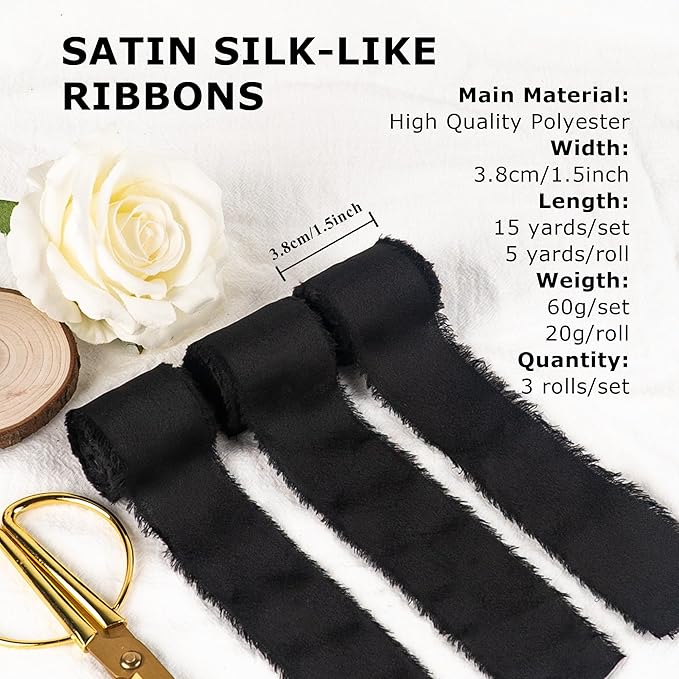 Satin Silk Ribbon, Black Ribbon for Wrapping, 1-1/2 inch x 15 Yd Handmade Frayed Fringe Ribbon, for Wedding Engagement Birthday Showers Crafts Flower Bouquet Invitation Decor, 3 Rolls