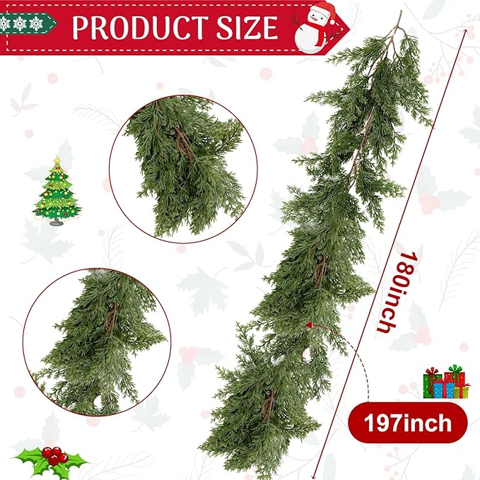 Yinder 15 ft Artificial Cedar Christmas Garland, Extra Long Faux Pine Cypress Vine Garland for Mantel Staircase Doorway Table Centerpiece Indoor Outdoor Holiday Party Decoration(180 Inch)