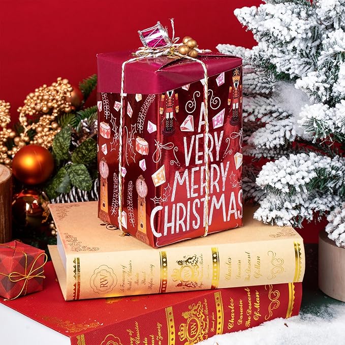 WRAPAHOLIC Reversible Nutcracker Christmas Wrapping Paper - Mini Roll - 17 Inch x 33 Feet - Merry Christmas Nutcracker Wrapping Paper with Metallic Foil Shine for Xmas Holiday, Party Celebration