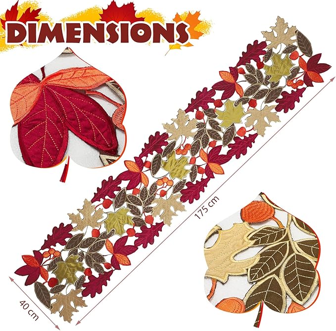 Tegeme Thanksgiving Table Runner 69 Inches Long Fall Autumn Harvest Embroidered Maple Leaves Table Runner 16 x 69 Inches Farmhouse Home Decorations Kitchen Dining Party Decor