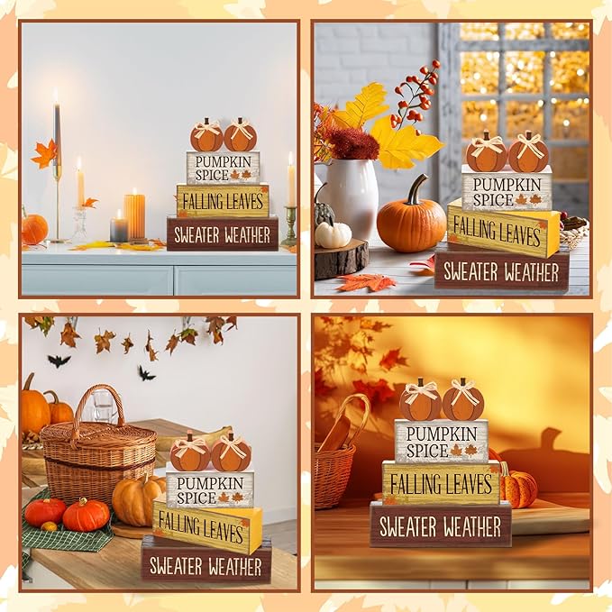 4 Pcs Thanksgiving Pumpkin Decor Fall Table Decoration Fall Tiered Tray Decor Thanksgiving Centerpiece Rustic Decorative Pumpkin Block Sign Gift Farmhouse Autumn Table Sign for Home