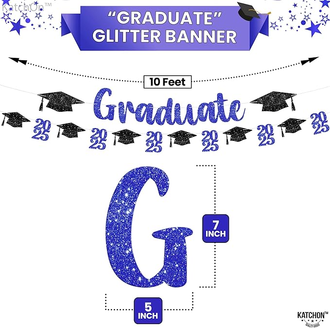 KatchOn, Glitter, Black and Blue Graduation Banner - 10 Feet | Congrats Grad Banner | Black and Blue Grad Decorations Class of 2025 | graduation Cap Garland | Graduation Decorations 2025