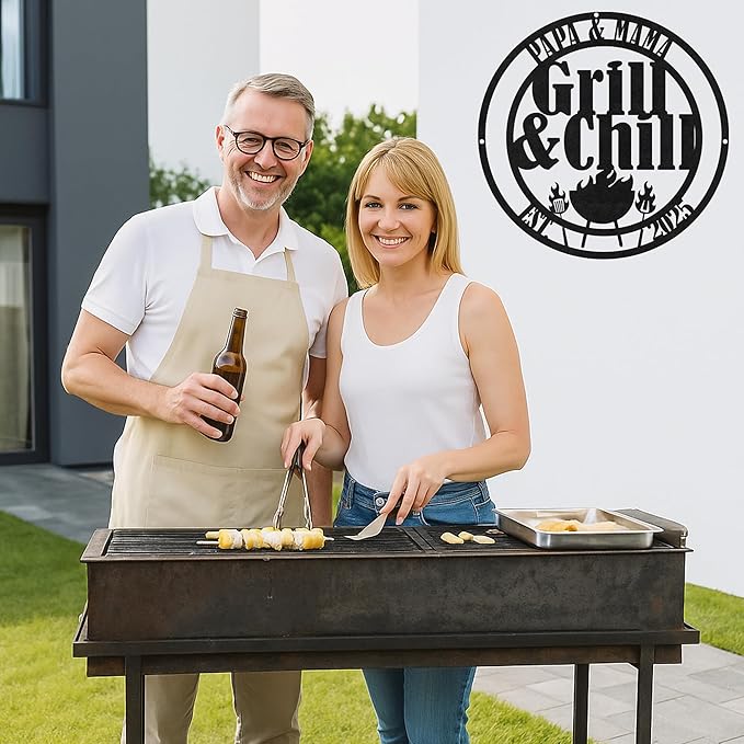 Custom BBQ Grill Metal Sign Personalized Name Wall Art for Outdoor Barbecue Patio Kitchen Backyard Decor Gift for Dad Husband Men Papa Grandpa Father Grilling Enthusiasts Family Lover Funny Gifts 52