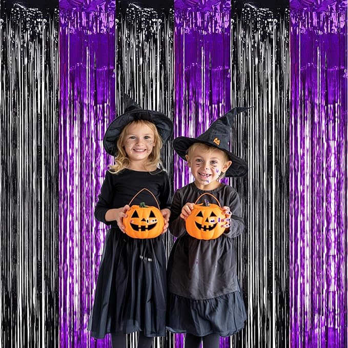 TONIFUL 2Pcs Black Purple Door Streamers,Photo Booth Backdrop Metallic Streamers Foil Fringe Curtains for Birthday Christmas New Year Bachelorette Halloween Party Streamers Decor