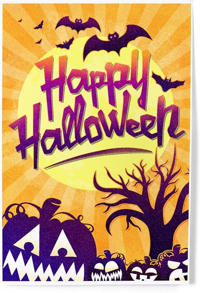 Lantern Press 8x12 Inch Art Print Wall Decor, Happy Halloween, Bats and Pumpkins