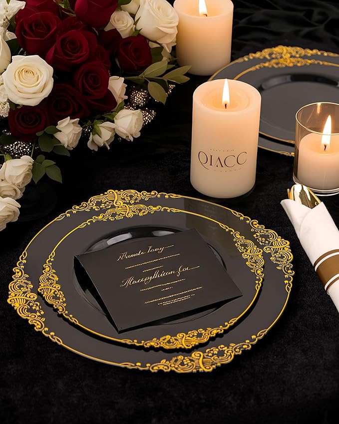 Nervure 350PCS Black Plastic Plates - Black Plastic Dinnerware Sets for 50 Guests - 100 Disposable Plates, 150 Gold Silverware, 50 Cups, 50 Napkins for Wedding & Party & Halloween