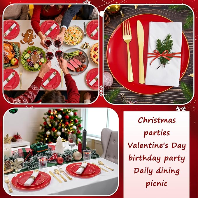 KIRE 350PCS Red Plastic Plates - Heavy Duty Red Plates Disposable - 50Guest Christmas Dinnerware Include 50Dinner Plate,50Dessert Plate,50Pre Rolled Napkins with Silverware for Christmas&Party