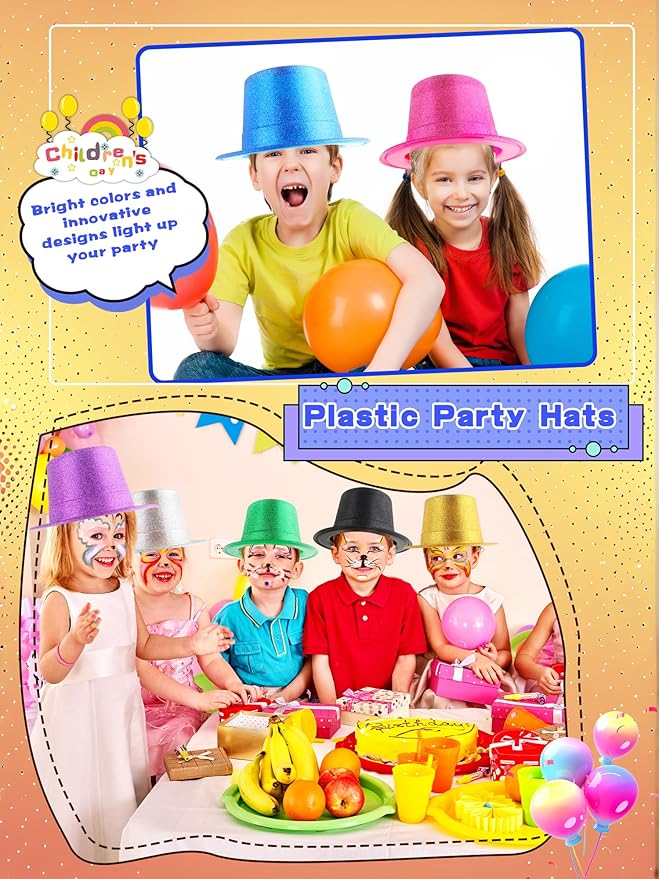 24 Pack Neon Top Hats Glitter Plastic Top Hat Colorful Magician Hat Bright Party Hats for Adult Kids Photo Booth Props Birthday New Years Party Supplies, 12 Colors