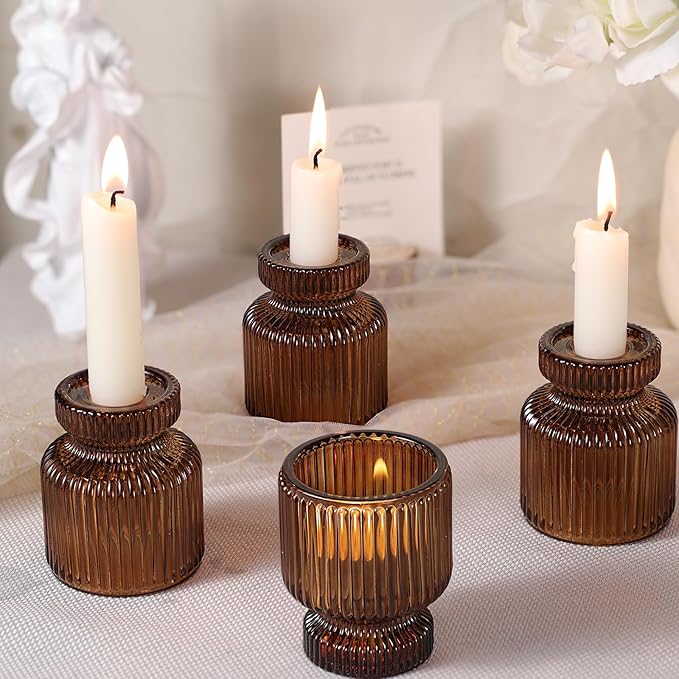 DARJEN 12 Pcs Glass Candlestick Holders- Amber Taper Candlestick Holders Tealight Votive Candle Holders for Table Centerpieces, Wedding, Dinner Party, Home Decor